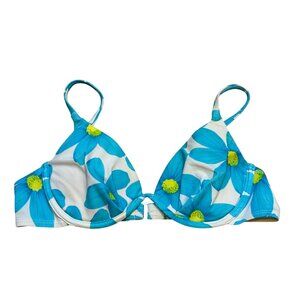 90s Blue Floral Bikini Top With Adjustable Straps & Back Hook Closure